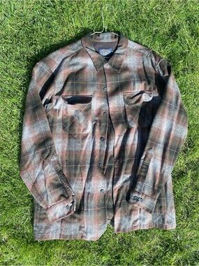 Pendleton Brown and Olive Plaid Wool Shirt Jacket